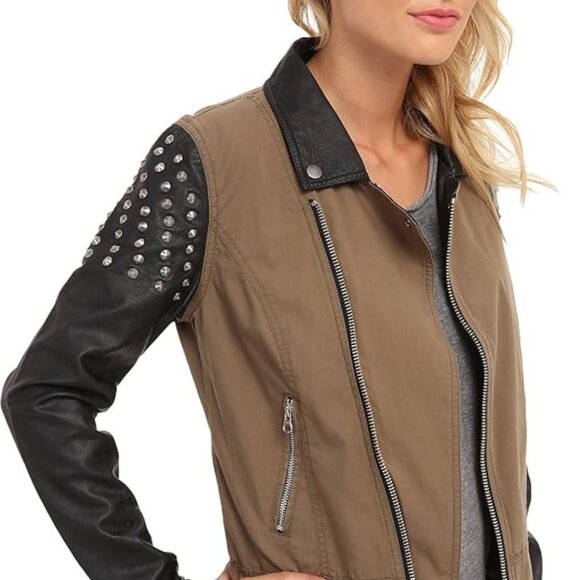 Volcom NEW Metallic Studs MOTO Jacket Faux Leather Sleeves Cotton Bomber Women's - Picture 6 of 17
